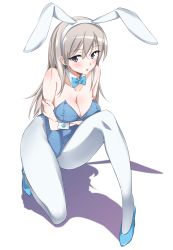 Rule 34 | 1girl, animal ears, arms under breasts, blonde hair, blue leotard, blush, bow, bowtie, breasts, cleavage, detached collar, eila ilmatar juutilainen, fake animal ears, highres, leotard, medium breasts, momendoufu, pantyhose, playboy bunny, rabbit ears, solo, strapless, strapless leotard, strike witches, white background, world witches series, wrist cuffs