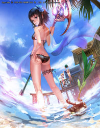 Rule 34 | 3girls, ass, barefoot, bikini, bird, black bikini, black hair, blue eyes, blue sky, bridal garter, bruise, butt crack, character request, closed mouth, cloud, cloudy sky, copyright request, crab, day, emperors saga, fisheye, flower, food, frilled bikini, frills, fruit, hair flower, hair ornament, hairclip, highres, injury, kneepits, liduke, looking at viewer, looking back, multiple girls, official art, outdoors, partially submerged, seagull, short hair, sky, solo focus, square enix, standing, swimsuit, tree, wading, watermark, watermelon