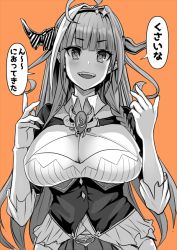 Rule 34 | 1girl, ahoge, blunt bangs, bow, braid, breasts, cleavage, cleavage cutout, clothing cutout, commentary request, diagonal-striped bow, dragon horns, fangs, greyscale, greyscale with colored background, hairband, hololive, horn bow, horn ornament, horns, kiryu coco, kiryu coco (1st costume), large breasts, long hair, monochrome, orange background, pointy ears, solo, translation request, upper body, very long hair, virtual youtuber, yukinojou yakan