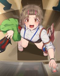 Rule 34 | 1girl, blush, brown eyes, brown hair, collared shirt, commentary request, elevator door, floor, from above, hair rollers, high heels, holding, holding clothes, holding jacket, holding shoes, idolmaster, idolmaster cinderella girls, jacket, kamille (vcx68), looking at viewer, nail polish, open mouth, pantyhose, pink nails, senkawa chihiro, shirt, shoes, slippers, solo focus, steaming body, sweat, tongue, watch, white shirt, wristwatch