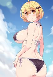 Rule 34 | 1girl, ahoge, amane hasuhito, ass, back tattoo, bat hair ornament, bikini, black bikini, blonde hair, blush, breasts, cloud, cloudy sky, collarbone, commentary request, cowboy shot, day, from behind, hair ornament, hololive, large breasts, looking at viewer, short hair, sideboob, sky, smile, solo, swimsuit, tattoo, virtual youtuber, wing tattoo, yozora mel