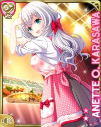 Rule 34 | 1girl, anette o karasawa, anette olga karasawa, apron, arm up, basket, blue eyes, bow, card (medium), clenched hand, food, from behind, girlfriend (kari), girlfriend note, indoors, long hair, long skirt, looking at viewer, official art, pantyhose, ponytail, qp:flapper, red bow, school uniform, silver hair, skirt, smile, solo, spotlight, table