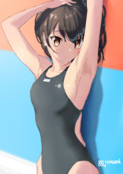 Rule 34 | 1girl, armpits, bare shoulders, black hair, black one-piece swimsuit, breasts, brown eyes, closed mouth, collarbone, commentary request, competition swimsuit, hair between eyes, jonsun, looking at viewer, medium breasts, one-piece swimsuit, original, sideboob, solo, swimsuit, twitter username, wet