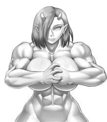Rule 34 | abs, bad id, bad twitter id, breasts, earrings, elf-san wa yaserarenai., fang, fist in hand, greyscale, horns, jewelry, large breasts, looking at viewer, monochrome, muscular, muscular female, navel, nude, oga (elf-san wa yaserarenai.), oni, pointy ears, simple background, solo, stomach, white background