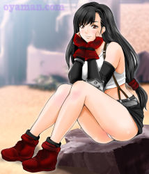 Rule 34 | 1girl, ankle boots, belt, black belt, black hair, black skirt, blurry, blurry background, boots, closed mouth, commentary request, day, depth of field, elbow pads, final fantasy, final fantasy vii, fingerless gloves, gloves, hair ornament, hair scrunchie, head rest, long hair, looking at viewer, low-tied long hair, midriff, miniskirt, no socks, outdoors, oyaman, panties, pantyshot, pencil skirt, red eyes, red footwear, red gloves, red scrunchie, rock, scrunchie, shirt, sitting, skirt, smile, solo, suspender skirt, suspenders, tank top, tifa lockhart, underwear, watermark, web address, white panties, white shirt