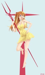 Rule 34 | 1girl, absurdres, barefoot, blue eyes, breasts, brown hair, chicken dduck, covered navel, dress, full body, hair between eyes, hand on own hip, highres, holding, holding weapon, interface headset, lance, lance of longinus (evangelion), long hair, looking at viewer, medium breasts, neon genesis evangelion, no bra, open mouth, polearm, simple background, smile, solo, souryuu asuka langley, sundress, two side up, weapon