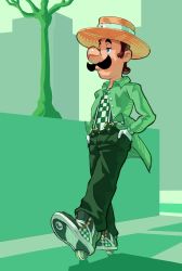 Rule 34 | 1boy, absurdres, alternate costume, bare tree, big nose, blue eyes, boater hat, brown hair, buttons, checkered clothes, checkered footwear, checkered shirt, closed mouth, clothes writing, collared jacket, facial hair, full body, gloves, green background, green footwear, green pants, green theme, half-closed eyes, hands in pockets, heelys, highres, jacket, jpeg artifacts, kingsus, long sleeves, luigi, luigi&#039;s mansion, male focus, mario (series), mustache, nintendo, open clothes, open jacket, outdoors, pants, shirt, shoes, short hair, sneakers, solo, standing, super mario bros. 1, suspenders, toes up, tree, white gloves, yellow headwear