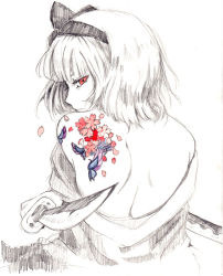 Rule 34 | 1girl, back, back focus, bare back, bare shoulders, bow, bug, butterfly, cherry blossoms, foreshortening, from behind, ginji (sakaki summer), hair bow, hairband, holding, insect, katana, konpaku youmu, looking at viewer, looking back, monochrome, off shoulder, petals, profile, red eyes, sheath, short hair, simple background, sketch, solo, spot color, sword, tattoo, touhou, traditional media, upper body, weapon