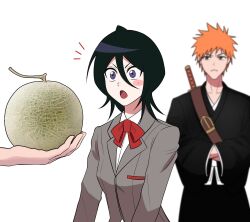 Rule 34 | 1boy, 1girl, 1other, :o, black hair, black kimono, bleach, blurry, blush stickers, bow, bowtie, cantaloupe, collared shirt, commentary request, cowboy shot, depth of field, double-parted bangs, food, fruit, grey jacket, gwao ( ul 13), hair between eyes, highres, jacket, japanese clothes, katana, kimono, korean commentary, kuchiki rukia, kurosaki ichigo, long sleeves, looking at food, medium hair, melon, notice lines, open mouth, orange hair, red bow, red bowtie, school uniform, shirt, short hair, simple background, solo focus, spiked hair, straight hair, surprised, sword, upper body, weapon, white background, white shirt, wide-eyed, wide sleeves