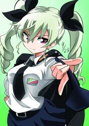 Rule 34 | 1girl, :&gt;, absurdres, anchovy (girls und panzer), anzio school uniform, artist request, black cape, black ribbon, blush, breasts, cape, drill hair, female focus, girls und panzer, green hair, hair ribbon, hand on own hip, highres, long hair, looking at viewer, medium breasts, red eyes, ribbon, school uniform, shiny skin, simple background, skirt, smile, solo, standing, twin drills, twintails, upper body, very long hair