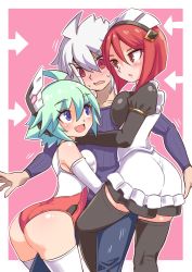 Rule 34 | 1boy, 2girls, acura (gunvolt), ass, azure striker gunvolt, bare shoulders, blue eyes, blush, breast press, breasts, cougar (cougar1404), dress, elbow gloves, gloves, green hair, headdress, headgear, height difference, hug, large breasts, leotard, looking up, maid, maid headdress, multiple girls, nori (gunvolt), nowa (gunvolt), open mouth, pants, red eyes, red hair, roro (gunvolt), shiny clothes, shiny skin, shirt, short hair, sideboob, smile, sweater, thighhighs, wedgie, white hair