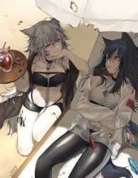 Rule 34 | 2girls, absurdres, animal ears, arknights, bandeau, beach umbrella, bikini, black bikini, black choker, black hair, black legwear, breasts, choker, commentary, crop top, crossed arms, cup, dog tags, drinking glass, grey eyes, grey shirt, hair between eyes, highres, huge filesize, jacket, lappland (arknights), leash, long hair, long sleeves, looking at another, lying, material growth, medium breasts, mouth hold, multiple girls, nys, off shoulder, on back, oripathy lesion (arknights), pantyhose, red eyes, scar, scar across eye, scar on face, shirt, silver hair, smile, stomach, strapless, strapless bikini, swimsuit, tail, texas (arknights), thighs, umbrella, white jacket, wolf ears, wolf tail