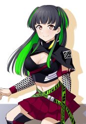 Rule 34 | 1girl, barkhorn0331, belt, black capelet, black hair, breasts, brown eyes, capelet, cleavage, cleavage cutout, closed mouth, clothes writing, clothing cutout, crop top, detached sleeves, green hair, highres, idolmaster, idolmaster shiny colors, long hair, looking at viewer, mayuzumi fuyuko, medium breasts, miniskirt, multicolored hair, navel, official alternate costume, polka dot, red skirt, skirt, smile, solo, thighs, two-tone hair