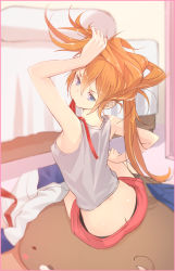 Rule 34 | 1girl, arm up, ass, bed, blue skirt, blurry, blush stickers, border, breasts, butt crack, depth of field, from behind, grey shirt, head tilt, highres, holding, holding hair, long hair, looking at viewer, looking back, midriff, mouth hold, noraico, original, pillow, pleated skirt, red ribbon, ribbon, school uniform, serafuku, shirt, unworn shirt, sitting, skirt, unworn skirt, small breasts, solid oval eyes, solo, stuffed toy, tank top, white shirt