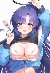 Rule 34 | 1girl, areola slip, arm up, ayamy, bikini, bikini top only, black shirt, blue archive, blue eyes, blue jacket, blush, breasts, cleavage, clothes lift, cropped jacket, embarrassed, halo, hand up, highres, id card, jacket, large breasts, long hair, long sleeves, looking at viewer, navel, official alternate costume, open mouth, partially unzipped, ponytail, purple hair, shirt, shirt lift, solo, stomach, string bikini, sweatdrop, swimsuit, upper body, white bikini, yuuka (blue archive), yuuka (track) (blue archive)