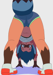Rule 34 | 1girl, absurdres, animal ears, ass, blue hair, brand new animal, brown fur, dolphin shorts, female focus, furry, furry female, highres, kadim, kagemori michiru, looking at viewer, looking through own legs, navel, open mouth, raccoon ears, raccoon tail, shadow, shoes, shorts, solo, tail, upside-down