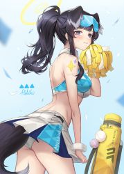 Rule 34 | 1girl, bare shoulders, blue archive, blush, dog girl, dog tail, doggystyle, eyewear on head, goggles, goggles on head, halo, hibiki (blue archive), hibiki (cheer squad) (blue archive), highres, idasu (hyun9164), mechanical halo, midriff, millennium cheerleader outfit (blue archive), navel, panties, pantyshot, pom pom (cheerleading), sex, sex from behind, sticker on arm, sweat, tail, underwear