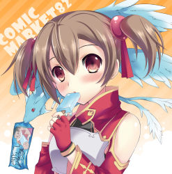 Rule 34 | 10s, 1girl, armor, bad id, bad pixiv id, blush, breastplate, brown hair, fingerless gloves, food, gari gari-kun, gloves, hanahanamaki, looking at viewer, pina (sao), popsicle, red eyes, short twintails, silica, solo, sword art online, twintails, upper body