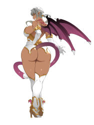 Rule 34 | 1girl, absurdres, ass, back tattoo, backboob, bare shoulders, boots, breasts, clenched teeth, corset, curvy, dark-skinned female, dark skin, demon girl, demon tail, demon wings, do m tensei! -otome game no sekai ni mob tensei shita rival reijou-tachi ga do s sugiru!-, elbow gloves, feet, female focus, from behind, full body, gloves, grey hair, groin, hand on own hip, heart, heart tattoo, high heel boots, high heels, highres, huge ass, huge breasts, large breasts, legs, long hair, looking at viewer, looking back, no panties, original, ponytail, simple background, smile, solo, standing, strapless, tachi-e, tail, tamabon (koutetsu shabondama), tattoo, teeth, thick thighs, thigh gap, thighhighs, thighs, wings