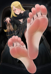 1girl absurdres barefoot black_eyes blonde_hair creatures_(company) cynthia_(pokemon) feet game_freak hair_over_one_eye highres holding holding_shoes licking_lips long_hair looking_at_viewer nintendo pokemon pokemon_dppt shoes soles steam toes tongue tongue_out tsa unworn_shoes