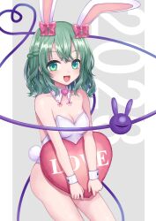 Rule 34 | 1girl, 2023, :d, absurdres, animal ears, bare shoulders, blush, bow, braid, breasts, chinese zodiac, cleavage, commentary request, detached collar, green eyes, grey hair, hair between eyes, hair bow, heart, heart of string, heart-shaped pillow, highres, holding, holding pillow, kemonomimi mode, komeiji koishi, leotard, medium hair, new year, one eye closed, open mouth, pillow, pink bow, print pillow, rabbit ears, rabbit tail, rnkgmn, small breasts, smile, solo, tail, third eye, touhou, v arms, white leotard, wrist cuffs, year of the rabbit