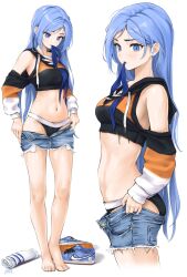 Rule 34 | 1girl, bae minah (chaesu), barefoot, black panties, blue eyes, blue hair, chaesu, crop top, denim, denim shorts, full body, highres, long hair, midriff, mouth hold, multiple views, navel, open clothes, open shorts, original, panties, shoes, short shorts, shorts, signature, simple background, standing, stomach, underwear, unworn shoes, very long hair, white background