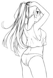 Rule 34 | 1girl, adjusting hair, ass, bad id, bad pixiv id, blush, breasts, crop top, from behind, greyscale, long hair, looking back, monochrome, no bra, no pants, panties, peach88, ponytail, profile, sideboob, simple background, sketch, solo, standing, tank top, tying hair, underwear, white background