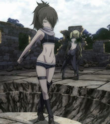 Rule 34 | 10s, black legwear, blonde hair, boots, broken ground, brown hair, from behind, hair over one eye, highres, kazama levy, kunai, lieselotte sherlock, ponytail, scarf, screencap, short shorts, shorts, sports bra, standing, thigh boots, thigh strap, thighhighs, trinity seven, twintails, weapon, wings