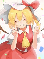 Rule 34 | 1girl, ascot, blonde hair, blue background, blush, bow, breasts, buttons, closed eyes, closed mouth, collared shirt, commentary request, confetti, crystal, double v, flandre scarlet, gradient background, hair between eyes, hands up, happy, hat, hat bow, highres, jewelry, medium breasts, mob cap, multicolored background, multicolored wings, one side up, puffy short sleeves, puffy sleeves, purple background, red bow, red skirt, red vest, shirt, short hair, short sleeves, skirt, skirt set, smile, solo, standing, teeth, touhou, user pjcx5522, v, vest, white background, white hat, white shirt, wings, yellow ascot, yellow background