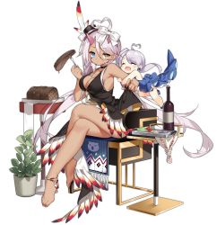 Rule 34 | 2girls, :d, ^ ^, ahoge, arm hug, armpits, azur lane, bare arms, bare shoulders, barefoot, black choker, black dress, black headwear, blue eyes, bottle, bow, breasts, chair, chibi, choker, cleavage, closed eyes, dark-skinned female, dark skin, dress, closed eyes, facial mark, feathers, food, fork, hair between eyes, hair bow, hat, heart, heart ahoge, heterochromia, highres, holding, horns, indianapolis (azur lane), indianapolis (the light of circle city) (azur lane), large breasts, long hair, looking at viewer, mini hat, multiple girls, official alternate costume, official art, open mouth, plant, plantar flexion, portland (azur lane), potted plant, saru, side ponytail, silver hair, sitting, sleeveless, sleeveless dress, smile, spaghetti strap, steak, strap gap, thighs, transparent background, tray, very long hair, wine bottle, yellow eyes