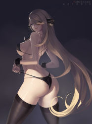 Rule 34 | 1girl, arched back, artist name, ass, aztodio, back, bare shoulders, black background, black bra, black panties, black thighhighs, blonde hair, blue eyes, bra, breasts, closed mouth, cowboy shot, creatures (company), cynthia (pokemon), from side, game freak, gradient background, hair ornament, hair over one eye, highres, large breasts, long hair, looking at viewer, looking to the side, nintendo, panties, perky breasts, pokemon, pokemon dppt, sideboob, smile, solo, strap gap, thighhighs, underwear, underwear only, very long hair, wrist cuffs
