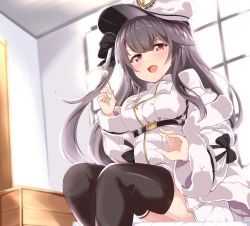Rule 34 | 1girl, acchii (akina), azur lane, bed, black thighhighs, breasts, coat, coat dress, ear cleaning, hair between eyes, highres, indoors, lap pillow, lap pillow invitation, large breasts, long hair, mimikaki, on bed, open mouth, padded coat, pamiat merkuria (azur lane), red eyes, russian clothes, seiza, side ponytail, sitting, sunlight, thighhighs, white coat, white headwear, window