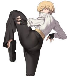 Rule 34 | 1girl, ass, blonde hair, blue eyes, earrings, fighting stance, fingerless gloves, from behind, gloves, highres, jewelry, king (snk), leg up, long sleeves, pants, ryuuko no ken, shirt, short hair, solo, the king of fighters, urec, white shirt