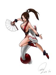 Rule 34 | 1girl, breasts, brown hair, fatal fury, garlic (artist), hand fan, large breasts, ponytail, shiranui mai, signature, simple background, solo