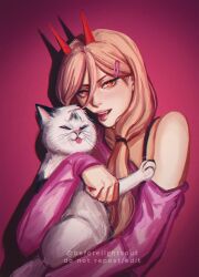 Rule 34 | 1girl, animal, animal hug, brown hair, cat, chainsaw man, hair between eyes, hair ornament, hairclip, highres, horns, liz (beforelightsout), long hair, meowy (chainsaw man), off shoulder, parted lips, pink background, pink sweater, pink theme, red horns, sharp teeth, side ponytail, smile, sweater, teeth, tongue, tongue out, twitter username, white cat