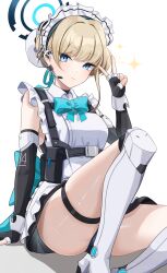 Rule 34 | 1girl, absurdres, apron, ass, belt, black gloves, blue archive, blue eyes, bow, bun cover, commentary request, eyes visible through hair, fingerless gloves, gloves, hair between eyes, hair bow, hair bun, hair ribbon, halo, headset, highres, holster, knee up, light brown hair, long hair, looking at viewer, maid, maid apron, maid headdress, musson, panties, pantyshot, ribbon, shoulder holster, shoulder strap, sidelocks, simple background, single hair bun, sitting, sleeveless, solo, thigh belt, thigh strap, toki (blue archive), underwear, v, white background