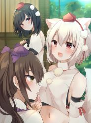 Rule 34 | 1girl, animal ear fluff, animal ears, bare shoulders, black hair, black ribbon, blurry, blurry background, breasts, brown eyes, brown hair, commentary request, crop top, detached sleeves, frilled shirt collar, frills, hair between eyes, hand on own chin, hat, head tilt, highres, himekaidou hatate, inubashiri momiji, karasusou nano, large breasts, long sleeves, looking at another, looking at viewer, midriff, navel, neck ribbon, open mouth, parted lips, pom pom (clothes), portrait, profile, puffy short sleeves, puffy sleeves, red eyes, red ribbon, ribbon, shameimaru aya, shirt, short hair, short sleeves, sidelocks, silver hair, smile, solo, stomach, tail, tassel, tokin hat, touhou, twintails, upper body, white shirt, wide sleeves, wolf ears, wolf tail