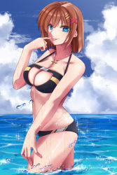 Rule 34 | 1girl, bikini, black bikini, blue eyes, blush, breasts, brown hair, chain, chain necklace, cleavage, cleavage cutout, clothing cutout, day, from side, hair ornament, halterneck, hand on own thigh, jewelry, looking at viewer, lyrical nanoha, mahou shoujo lyrical nanoha strikers, medium breasts, navel, necklace, ocean, outdoors, schwertkreuz, schwertkreuz (standby form), shiny skin, short hair, smile, solo, sougetsu izuki, swimsuit, thighs, tongue, tongue out, wading, water, wet, x hair ornament, yagami hayate