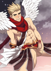 Rule 34 | 1boy, blonde hair, blush, censored, erection, hata ichi, league of legends, looking at viewer, male focus, nipples, pectorals, penis, scarf, smile, spiked hair, sweat, testicles, varus (league of legends), wings, yellow eyes