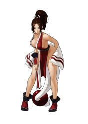 Rule 34 | 1girl, bent over, black eyes, black hair, breasts, cleavage, dress, duplicate, fatal fury, folded fan, folding fan, hair ribbon, hand fan, hip focus, japanese clothes, jpeg artifacts, king of fighters xiii, large breasts, legs, lipstick, loincloth, long hair, makeup, no bra, official art, ogura eisuke, pelvic curtain, ponytail, ribbon, shiranui mai, sideboob, simple background, smile, snk, solo, standing, the king of fighters, the king of fighters xiii