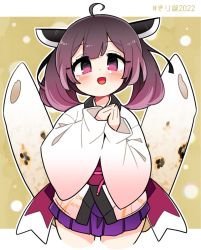 Rule 34 | 1girl, ahoge, brown background, dotted background, gradient hair, headgear, highres, ini (inunabe00), japanese clothes, kimono, kiritanpo (food), long sleeves, looking at viewer, multicolored hair, open mouth, own hands together, purple eyes, purple hair, short hair, smile, solo, standing, touhoku kiritan, voiceroid, white kimono, wide sleeves