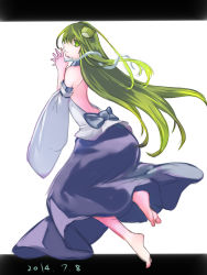 Rule 34 | 1girl, bare back, bare shoulders, barefoot, dated, detached sleeves, frog hair ornament, full body, green eyes, green hair, hair ornament, hair tubes, highres, kochiya sanae, letterboxed, long hair, looking at viewer, matching hair/eyes, namauni, own hands clasped, own hands together, simple background, smile, snake hair ornament, solo, touhou, very long hair, white background