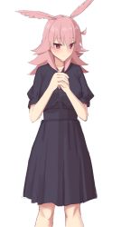 Rule 34 | 1girl, black shirt, black skirt, blush, elfenlied22, fate/grand order, fate (series), hair between eyes, head wings, highres, hildr (fate), light frown, long skirt, medium hair, own hands clasped, own hands together, pink eyes, pink hair, shirt, short sleeves, simple background, skirt, solo, valkyrie (fate), white background, wings