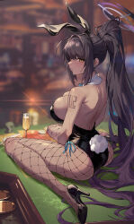 Rule 34 | 1girl, absurdres, animal ears, ass, back, bare shoulders, black footwear, black hair, blue archive, blush, breasts, champagne flute, cleavage, cup, dark-skinned female, dark skin, detached collar, drinking glass, earrings, fake animal ears, fishnet pantyhose, fishnets, halo, high heels, highres, jewelry, karin (blue archive), karin (bunny) (blue archive), large breasts, leotard, long hair, pantyhose, playboy bunny, poker table, ponytail, r1zen, rabbit ears, rabbit tail, sitting, solo, table, tail, very long hair, wariza, yellow eyes