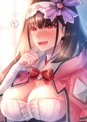 Rule 34 | 1girl, arm warmers, blush, bow, bowtie, breasts, brown hair, capelet, cleavage, fate/grand order, fate (series), fingernails, furrowed brow, hair between eyes, hairband, hand up, hood, hood down, hooded capelet, large breasts, light particles, long hair, looking away, moe (hamhamham), nose blush, open mouth, osakabehime (fate), pink capelet, red bow, red bowtie, red eyes, sidelocks, solo, speech bubble, sweat, tears, upper body, white hairband