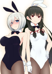 Rule 34 | 10s, 2girls, alternate costume, animal ears, bad id, bad pixiv id, blue eyes, blush, bow, bowtie, breasts, cleavage, covered navel, detached collar, fake animal ears, fishnet pantyhose, fishnets, gloves, hair ornament, hairclip, hamakaze (kancolle), hand on own hip, isokaze (kancolle), kantai collection, large breasts, long hair, multiple girls, nekoume, pantyhose, playboy bunny, rabbit ears, short hair, sideboob, silver hair, white gloves, wrist cuffs
