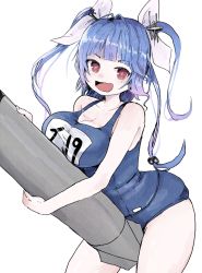 Rule 34 | 1girl, bad id, bad twitter id, blue hair, character name, commentary request, commission, cowboy shot, hair ribbon, highres, holding, holding torpedo, i-19 (kancolle), kantai collection, long hair, looking at viewer, name tag, one-piece swimsuit, open mouth, red eyes, ribbon, school swimsuit, simple background, smile, solo, star-shaped pupils, star (symbol), swimsuit, symbol-shaped pupils, tori knkr, torpedo, tri tails, white background