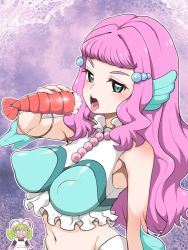Rule 34 | 2girls, alternate breast size, blue eyes, blush, breasts, chibi, commentary request, covered erect nipples, elda (precure), fellatio gesture, female focus, fins, food, green hair, head fins, highres, holding, holding food, large breasts, laura (precure), long hair, looking at another, looking at viewer, mermaid, midriff, monster girl, multiple girls, navel, o o, open mouth, pink hair, precure, sexually suggestive, short hair, shrimp, tongue, tongue out, tropical-rouge! precure, zootan