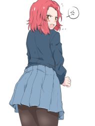 Rule 34 | 1girl, anger vein, black pantyhose, blue skirt, blue sweater, blush, brown eyes, commentary, fang, flying sweatdrops, from behind, frown, girls und panzer, highres, long sleeves, looking at viewer, looking back, medium hair, miniskirt, open mouth, pantyhose, pleated skirt, red hair, rosehip (girls und panzer), school uniform, simple background, skin fang, skirt, solo, spoken anger vein, st. gloriana&#039;s school uniform, standing, sweatdrop, sweater, white background, zono (inokura syuzo029)