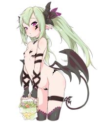 Rule 34 | 1girl, arched back, bad id, bad twitter id, bare shoulders, basket, black gloves, black ribbon, black thighhighs, blush, borrowed character, breasts, cropped legs, demon girl, demon tail, demon wings, done (donezumi), earrings, fingerless gloves, flower, gloves, green hair, hair ribbon, holding, horns, jewelry, lace, lace-trimmed legwear, lace trim, leaning forward, long hair, looking at viewer, navel, original, pasties, pink eyes, pointy ears, revealing clothes, ribbon, ryisu (deluxe&lt;&lt;&lt;), simple background, small breasts, solo, tail, thigh strap, thighhighs, white background, wings
